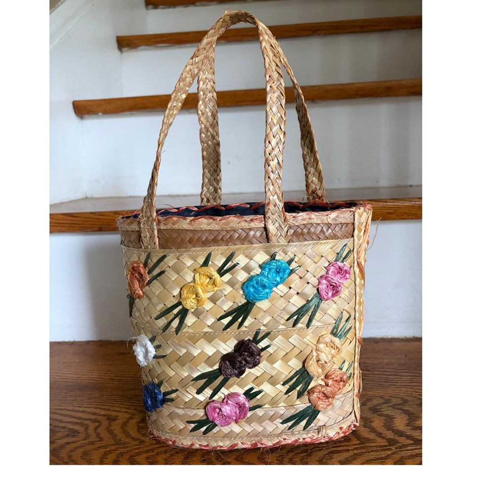 Vintage Woven Straw Tote Bag Floral Raffia Embroidery Boho Summer Basket Handbag
